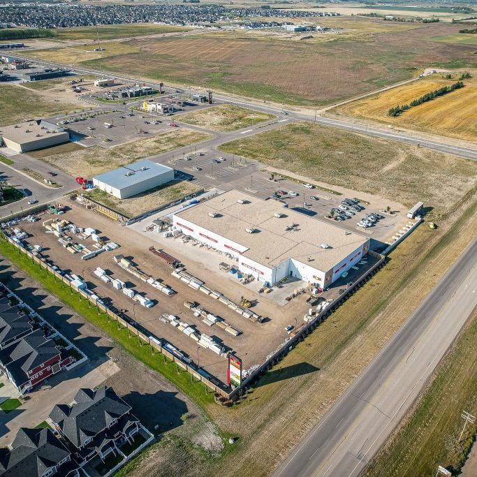 Aerial drone view of the small city of Warman, Saskatchewan, Canada
